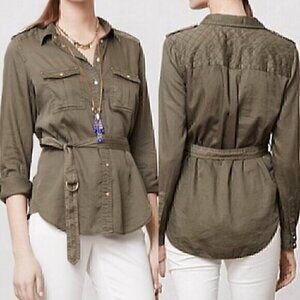 MAEVE ANTHROPOLOGIE Aveiro Safari Shirt Olive Green "Button Down" SNAPS /NO BELT